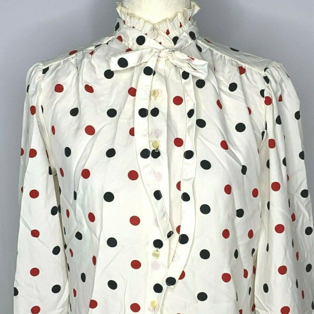Vintage Donnkenny Secretary Blouse S White Button Up Polka Dot Ruffle Collar Bow